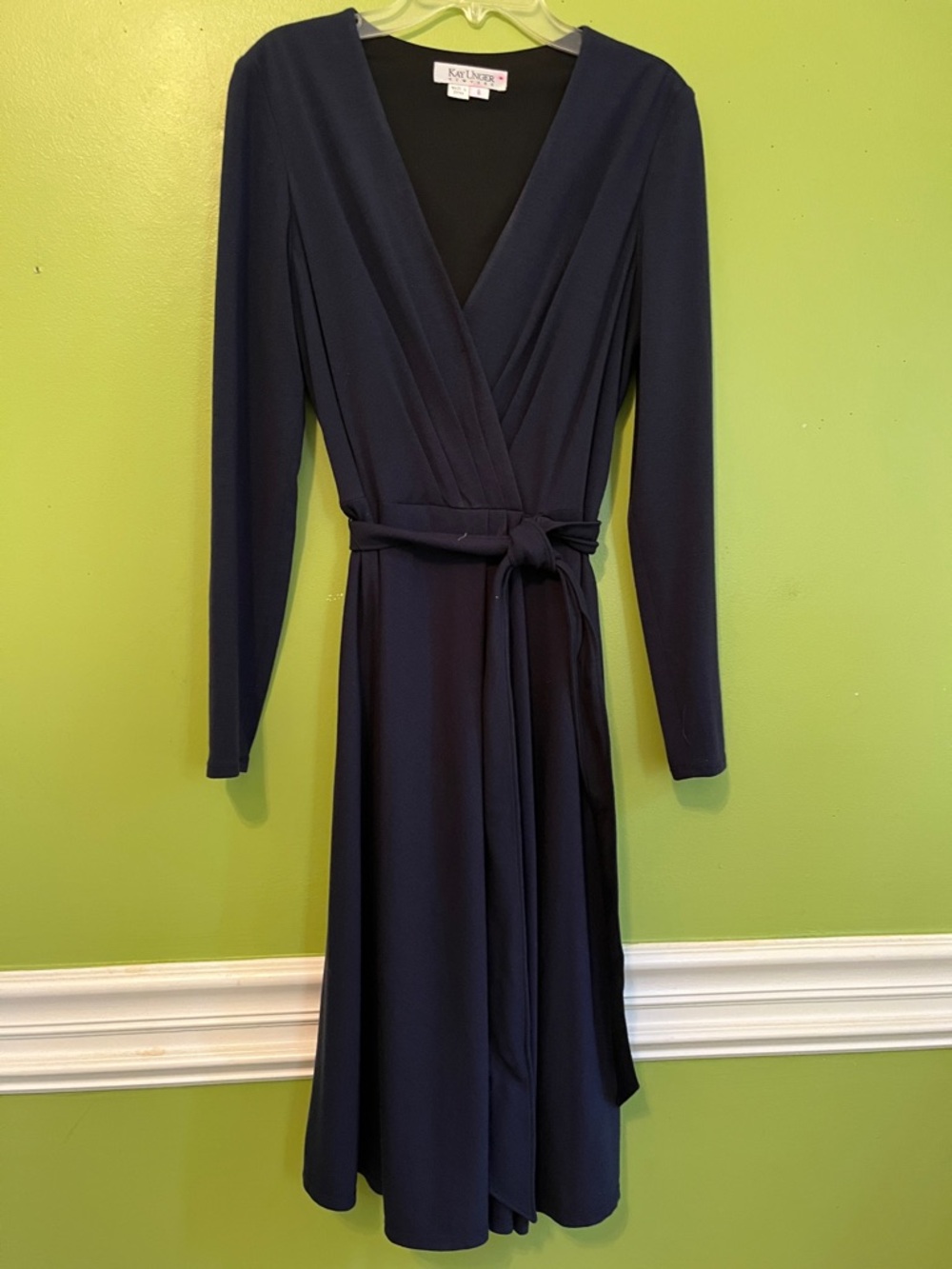 Kay Unger Navy Blue Long Sleeve Faux Wrap Dress